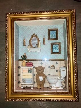 Vintage Gold Framed 3D Teddy Bear Bathroom Shadow Box